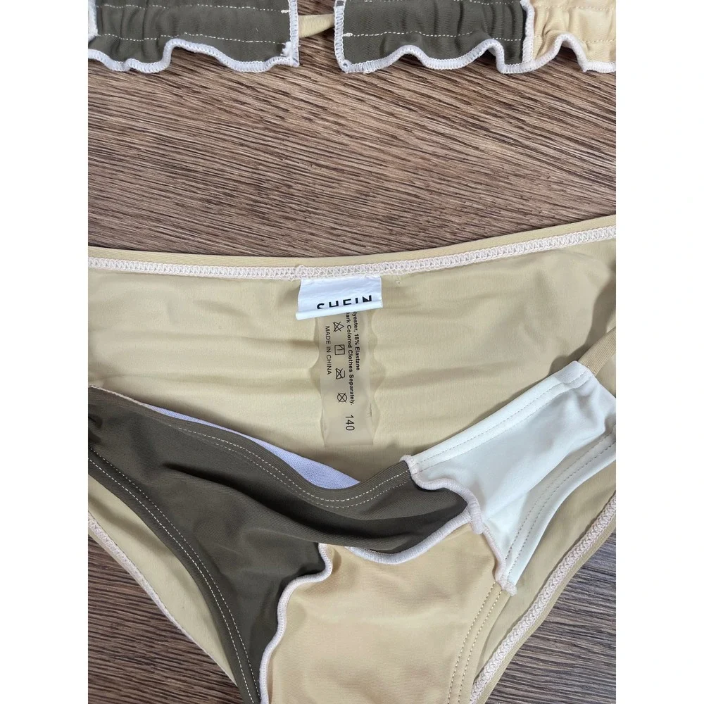 Bikini Set Girls Size 140 Tan Brown Olive White Color block Triangle SHEIN